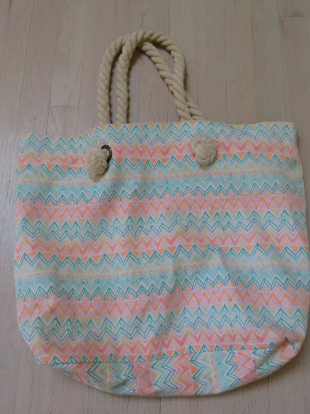 2010s Chevron Beach Bag Rope Handles Blue Pink
